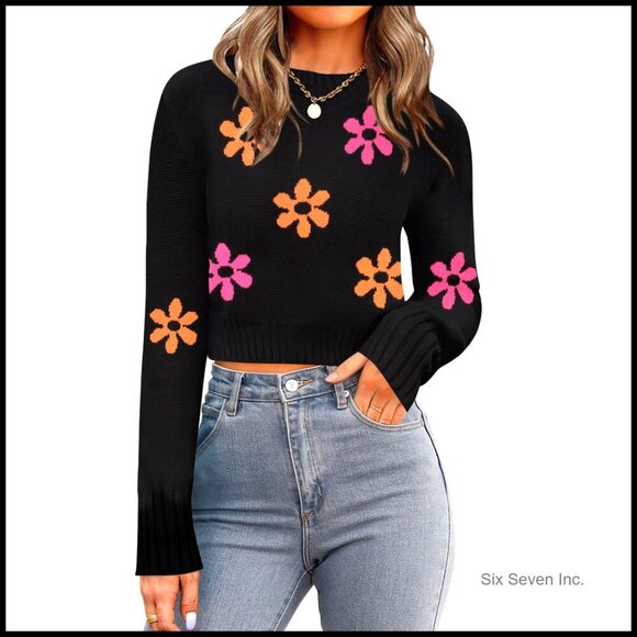 Sweaters - Crewneck Cropped Sweater Ribbed Knit Pullover Long Sleeve Trendy Fall Tops